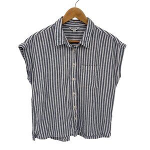Orvis Button Front Shirt‎ Womens Small White Gray Stripe Linen Rayon Cap Sleeve
